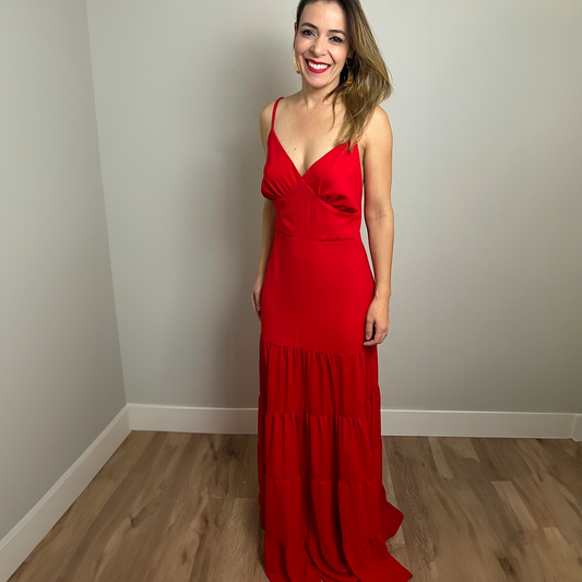 Avery's Stunning Red Sleeveless Dress with Elegant Back Buttons