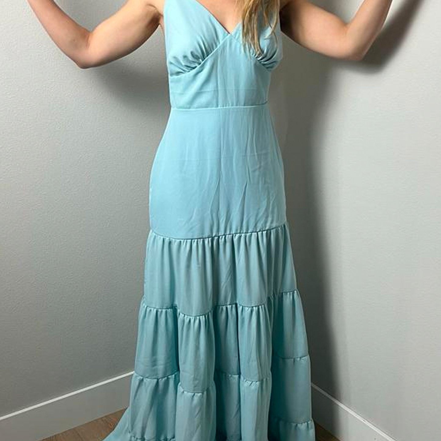 Ella's Light Blue Sleeveless Dress with Elegant Back Buttons