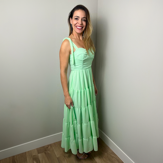 Brooke's Elegant Sea-green Long Sleeveless Dress with Tie Straps