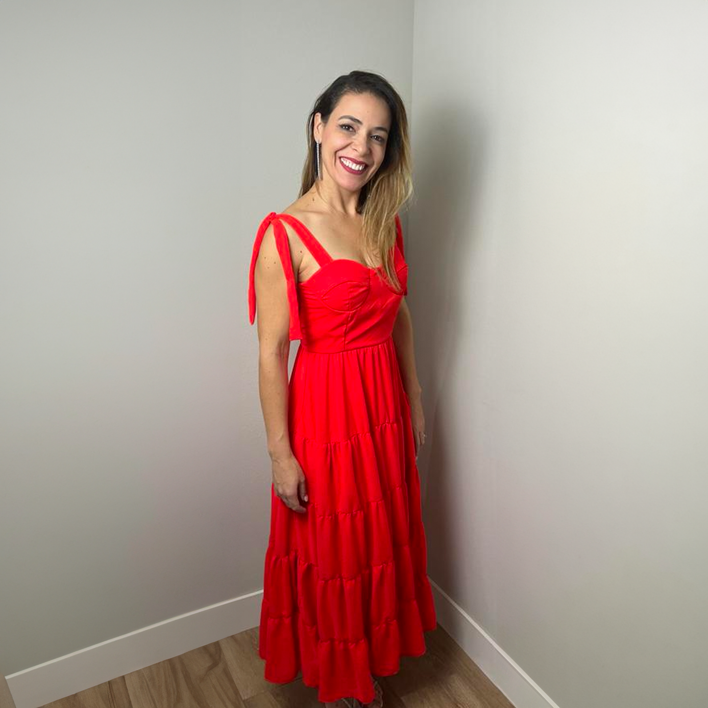 Becca's Elegant Coral Red Long Sleeveless Dress with Tie Straps