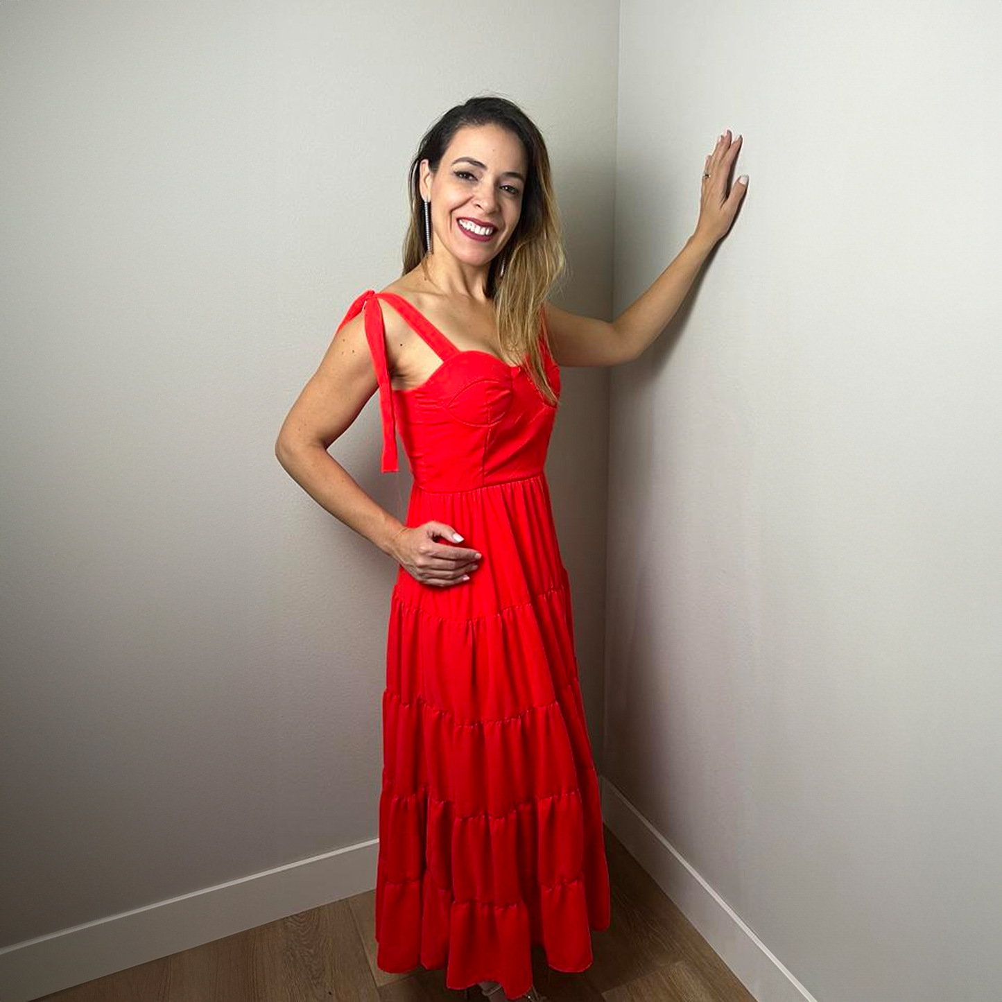 Becca's Elegant Coral Red Long Sleeveless Dress with Tie Straps