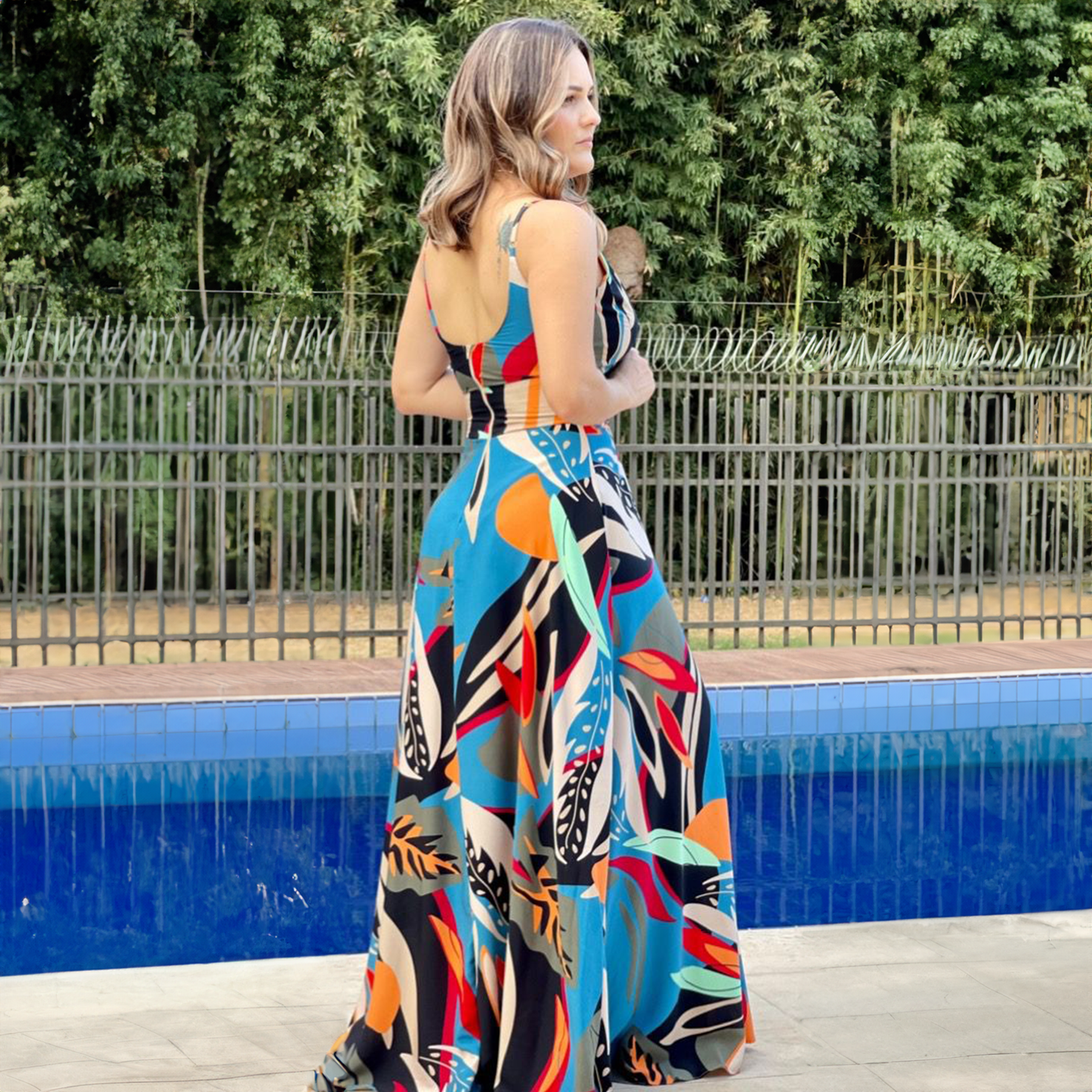 Ava's Enigmatic Blue Abstract Print Long Dress